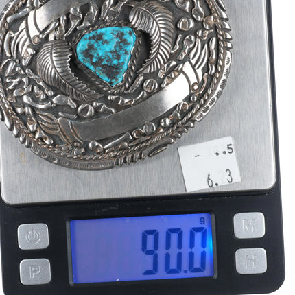 Large Vintage W Dodson Navajo Sterling silver trophy belt buckle with turquoise - Estate Fresh Austin