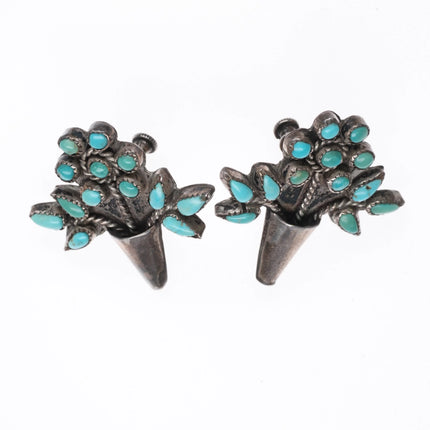 40's-50's Zuni Petit Point flower basket sterling silver screw back earrings - Estate Fresh Austin