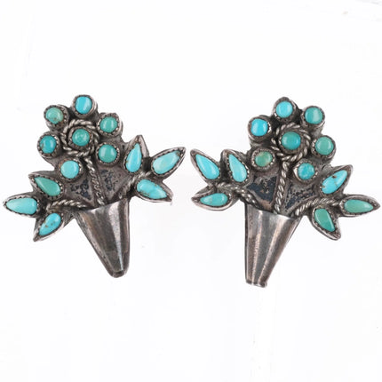 40's-50's Zuni Petit Point flower basket sterling silver screw back earrings - Estate Fresh Austin