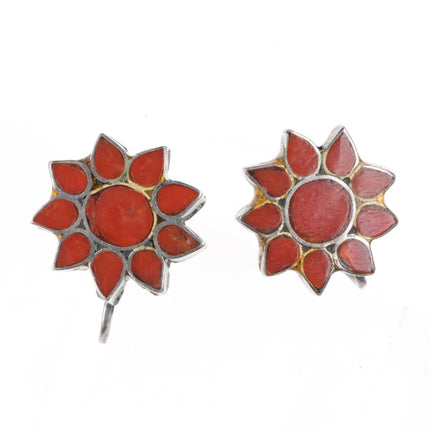 40's-50's Zuni Dishta Style flush inlay coral flower/sun sterling silver earring - Estate Fresh Austin