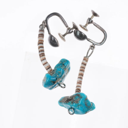 Vintage Santo Domingo style sterling silver heishi shell/turquoise screw earring - Estate Fresh Austin