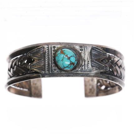 7" c1930's Navajo braided silver cuff bracelet w/ carinated sides turquoise - Estate Fresh Austin