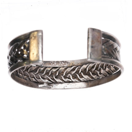 7" c1930's Navajo braided silver cuff bracelet w/ carinated sides turquoise - Estate Fresh Austin