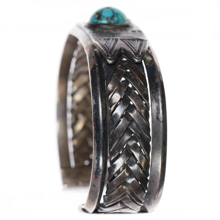 7" c1930's Navajo braided silver cuff bracelet w/ carinated sides turquoise - Estate Fresh Austin