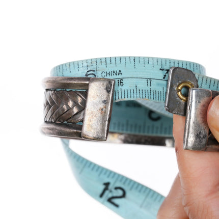 7" c1930's Navajo braided silver cuff bracelet w/ carinated sides turquoise - Estate Fresh Austin