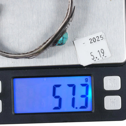 7" c1930's Navajo braided silver cuff bracelet w/ carinated sides turquoise - Estate Fresh Austin