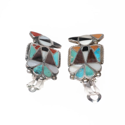 c1950's Zuni Sterling silver thunderbird channel inlay turquoise clip-on earring - Estate Fresh Austin