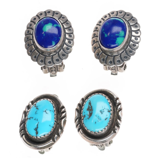 2pr Retro southwestern Sterling silver turquoise/Azurite clip on earrings - Estate Fresh Austin