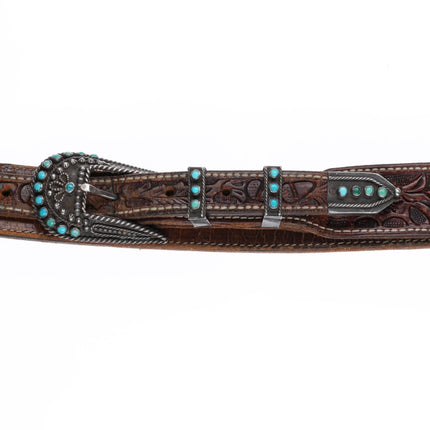 40's-50's Zuni Sterling silver snake eye turquoise ranger belt buckle set on 30" - Estate Fresh Austin