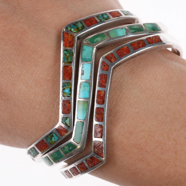 6.25" Vintage Navajo sterling silver turquoise/chip inlay zig-zag cuff bracelets - Estate Fresh Austin