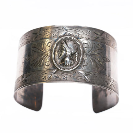 6.25" c1890 Antique Victorian sterling silver medallion engraved cuff bracelet - Estate Fresh Austin