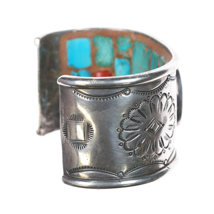 7.25" Navajo sterling silver cuff bracelet turquoise interior cobblestone inlay - Estate Fresh Austin