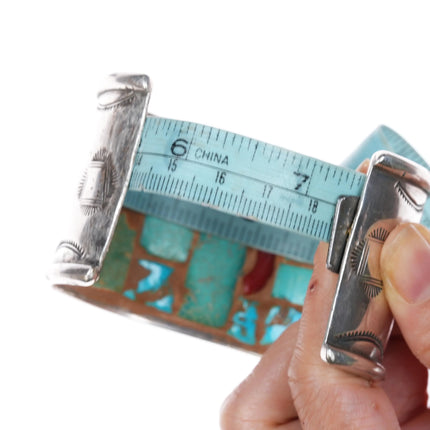 7.25" Navajo sterling silver cuff bracelet turquoise interior cobblestone inlay - Estate Fresh Austin