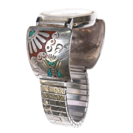 7.5" c1970 Bulova Whale Automatic watch Navajo sterling chip inlay tips BB - Estate Fresh Austin