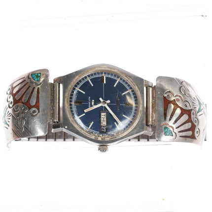 7.5" c1970 Bulova Whale Automatic watch Navajo sterling chip inlay tips BB - Estate Fresh Austin