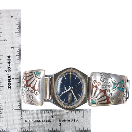 7.5" c1970 Bulova Whale Automatic watch Navajo sterling chip inlay tips BB - Estate Fresh Austin