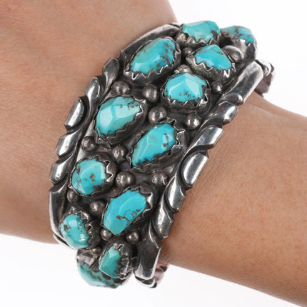 6.5" Wayne Cheama Zuni sterling carved turquoise cluster cuff bracelet - Estate Fresh Austin