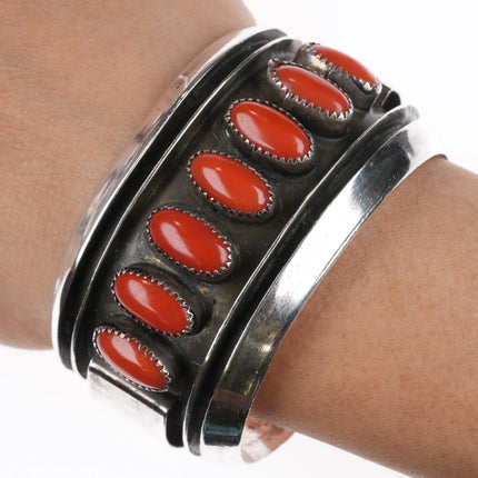 6.5" 60's-70's Navajo Sterling silver Mediterranean coral row cuff bracelet - Estate Fresh Austin