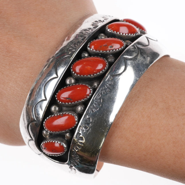 6.35" H Smith Navajo Mediterranean Coral Shadowbox cuff bracelet sterling silver - Estate Fresh Austin
