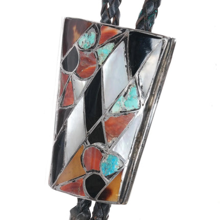 c1960 c-31 Zuni sterling silver abstract channel inlay multistone/shell bolo tie - Estate Fresh Austin