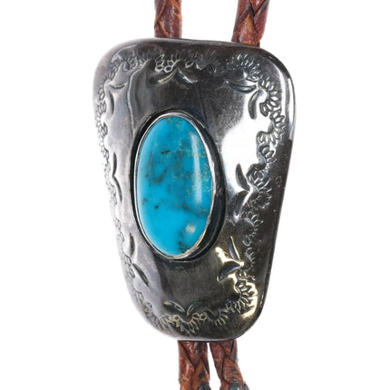 1970's M Navajo sterling silver shadowbox bolo tie with nice turquoise - Estate Fresh Austin
