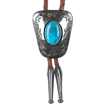 1970's M Navajo sterling silver shadowbox bolo tie with nice turquoise - Estate Fresh Austin