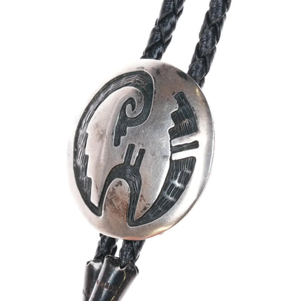c1970 Navajo or Hopi Overlay bolo tie round sterling silver - Estate Fresh Austin