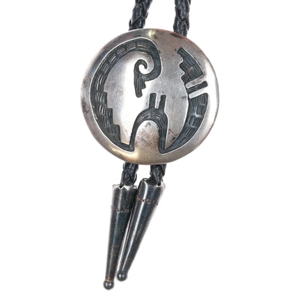 c1970 Navajo or Hopi Overlay bolo tie round sterling silver - Estate Fresh Austin