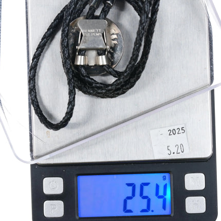 c1970 Navajo or Hopi Overlay bolo tie round sterling silver - Estate Fresh Austin