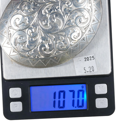 Clinton Finley Hand Engraved Big sterling silver belt buckle Wilford Chee Navajo - Estate Fresh Austin