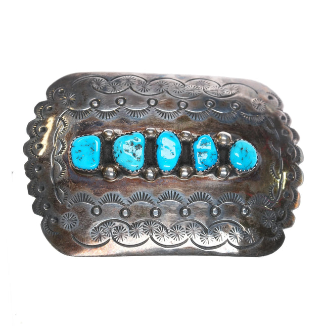 Vintage 70's-80's Navajo sterling silver stamped belt buckle with 5 turquoise - Estate Fresh Austin