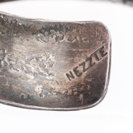 6.1" Nezzie Navajo sterling silver chip inlay cuff bracelet hand stamped edges - Estate Fresh Austin