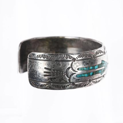 6.1" Nezzie Navajo sterling silver chip inlay cuff bracelet hand stamped edges - Estate Fresh Austin