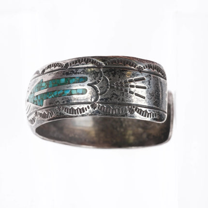 6.1" Nezzie Navajo sterling silver chip inlay cuff bracelet hand stamped edges - Estate Fresh Austin