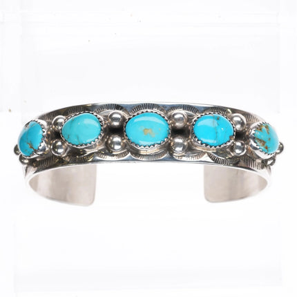 7" Wilbert Meyers Navajo Sterling silver turquoise row cuff bracelet feather - Estate Fresh Austin