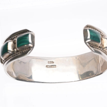 6.5" Retro Mexican sterling silver malachite row cuff bracelet southwestern - Estate Fresh Austin