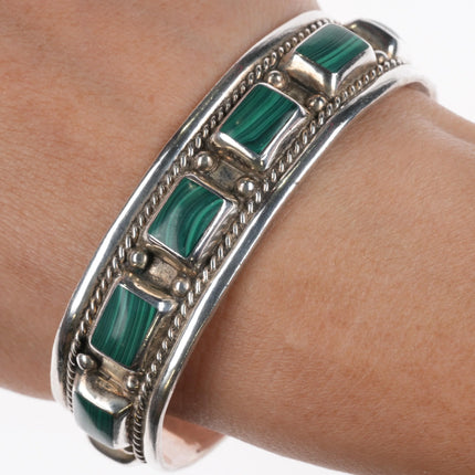6.5" Retro Mexican sterling silver malachite row cuff bracelet southwestern - Estate Fresh Austin