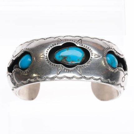 6.1" 1970's Navajo sterling silver turquoise shadowbox 3 stone cuff bracelet - Estate Fresh Austin