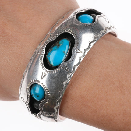 6.1" 1970's Navajo sterling silver turquoise shadowbox 3 stone cuff bracelet - Estate Fresh Austin