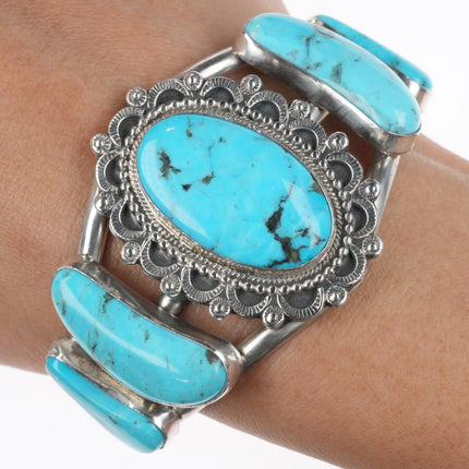 6.2" Running Bear Shop Kingman turquoise sterling silver cuff bracelet 5 stone - Estate Fresh Austin