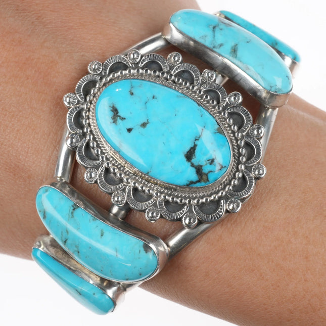 6.2" Running Bear Shop Kingman turquoise sterling silver cuff bracelet 5 stone - Estate Fresh Austin