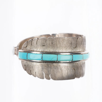 5.85" Michael Kirk Isleta Pueblo Turquoise feather cuff bracelet sterling silver - Estate Fresh Austin