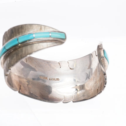 5.85" Michael Kirk Isleta Pueblo Turquoise feather cuff bracelet sterling silver - Estate Fresh Austin