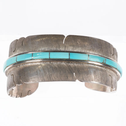 5.85" Michael Kirk Isleta Pueblo Turquoise feather cuff bracelet sterling silver - Estate Fresh Austin