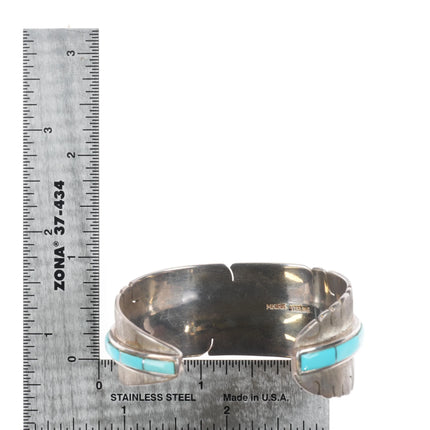 5.85" Michael Kirk Isleta Pueblo Turquoise feather cuff bracelet sterling silver - Estate Fresh Austin