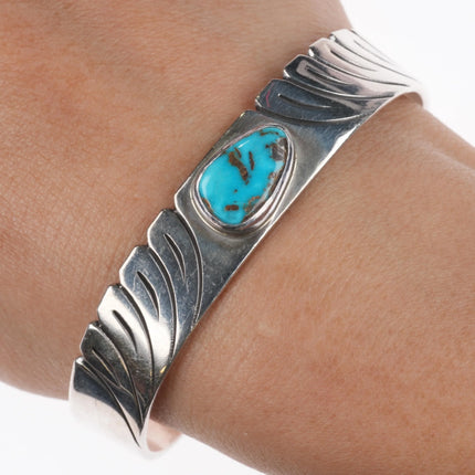 6.6" Steve Yellowhorse Navajo Sterling silver single turquoise cuff bracelet - Estate Fresh Austin