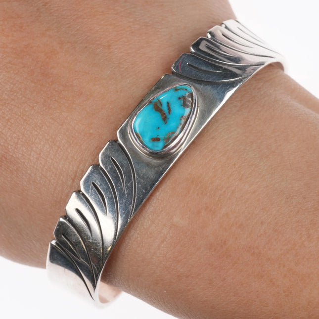6.6" Steve Yellowhorse Navajo Sterling silver single turquoise cuff bracelet - Estate Fresh Austin