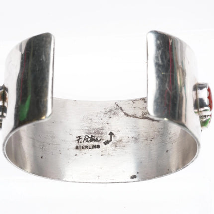 6.3" F Peters Navajo sterling silver Mediterranean coral wide row cuff bracelet - Estate Fresh Austin