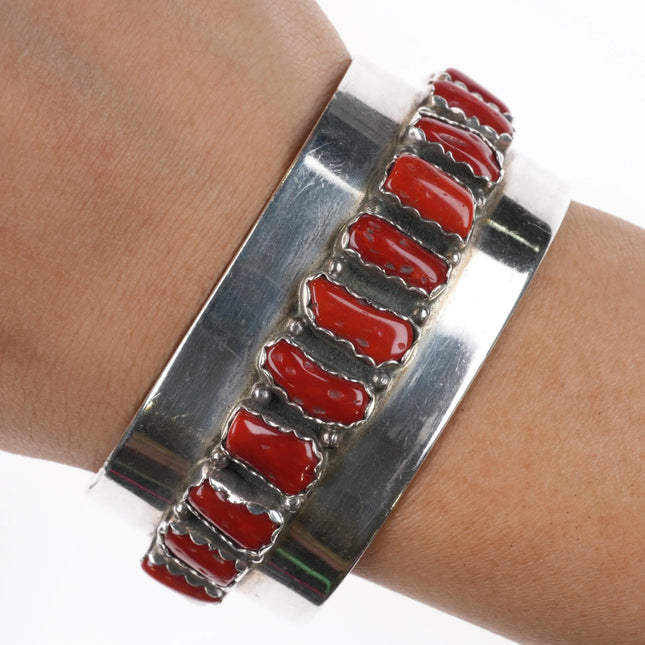 6.3" F Peters Navajo sterling silver Mediterranean coral wide row cuff bracelet - Estate Fresh Austin
