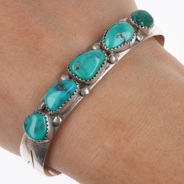 6.3" Don Platero Navajo turquoise row cuff bracelet stamped sterling silver side - Estate Fresh Austin